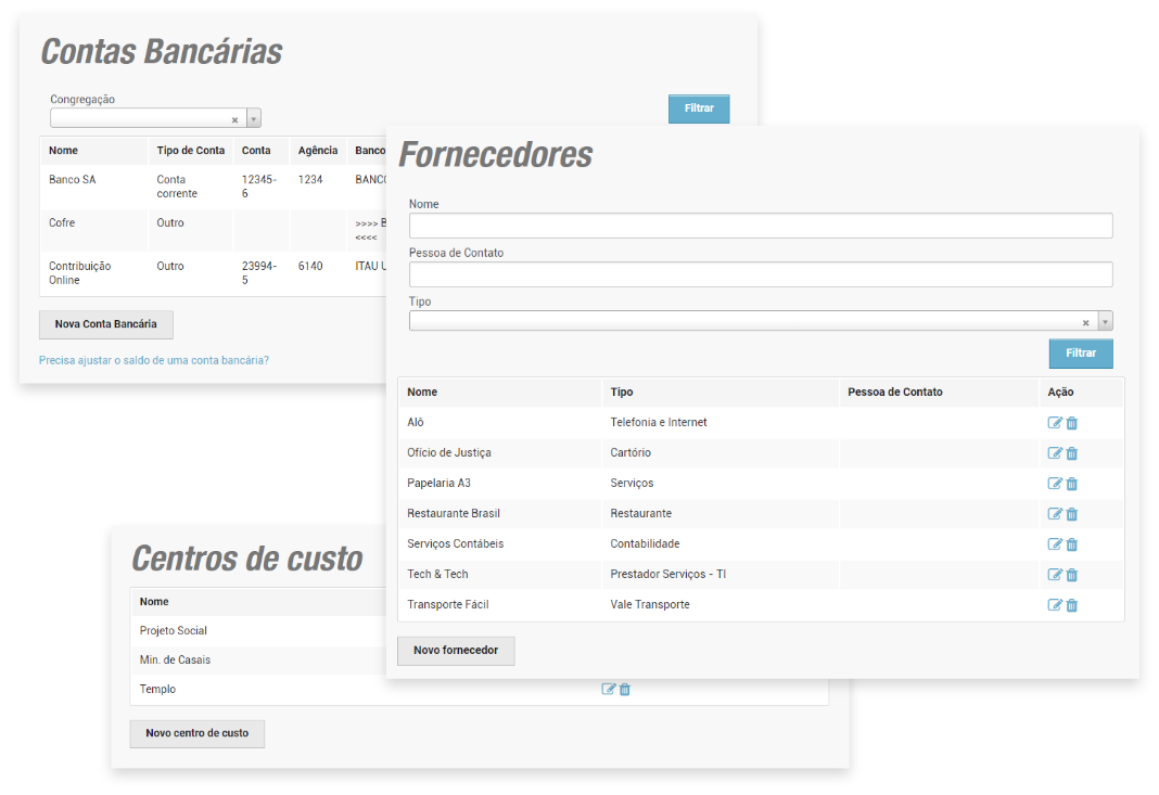 Contas bancárias, fornecedores e centro de custos